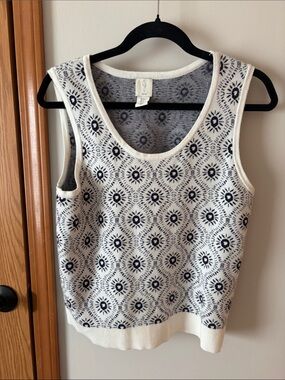 Joie White Tank Top with Navy Sunburst Pattern